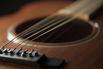 Close-up of Acoustic Guitar Strings and Soundhole Musical Instrument Detail