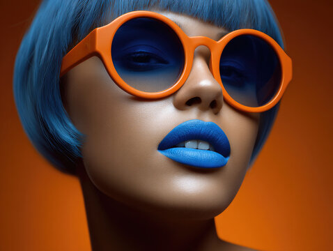 Blue hair orange sunglasses blue lipstick bold makeup fashion modern vibrant closeup confident stylish woman - Powered by Adobe