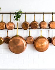 Copper cookware arranged on a white wall