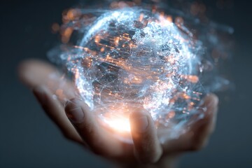 Hand holding a glowing, digital Earth
