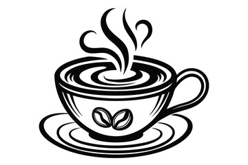 Stylized Steaming Coffee Cup with Coffee Beans Art Design