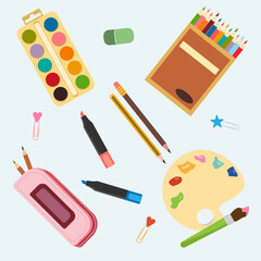 School stationery set with watercolor palette, pencils, markers, notebook, eraser and pencil case. For posters, classroom materials, worksheets and web banners.