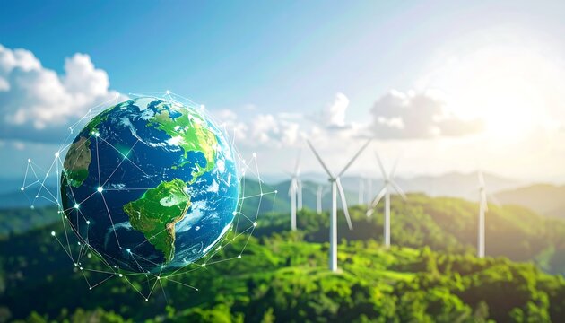 Earth graphic over wind turbines in lush landscape