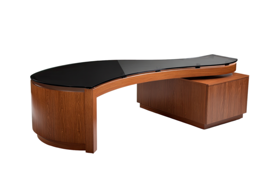 Curved, modern desk with dark glass top and light wood sides