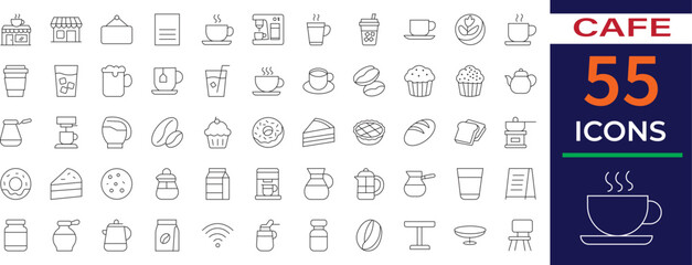 Modern cafe line icon set featuring coffee, tea, desserts, bakery items, and cafe essentials in a clean vector style. Perfect for menus, branding, food apps, coffee shops, and restaurant design