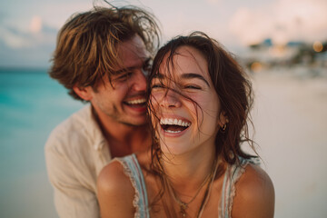 Obraz premium Happy young couple laughing and enjoying a joyful moment together on a beautiful beach at sunset