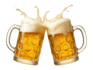 Two beer mugs toasting with splashes.
