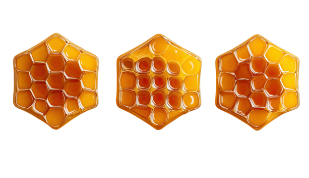 Three hexagonal honeycombs, top-down view, golden-orange color, honey filling visible in cells, slightly different textures, isolated on black background