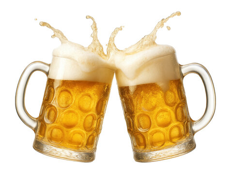 Two beer mugs toasting with splashes.