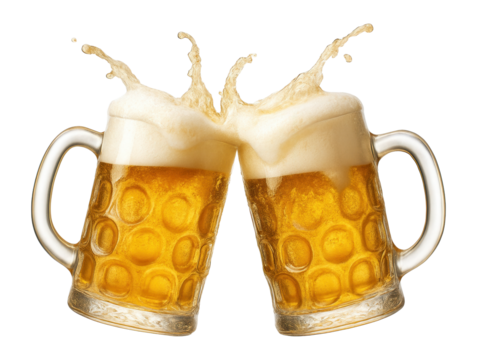 Two beer mugs toasting with splashes.