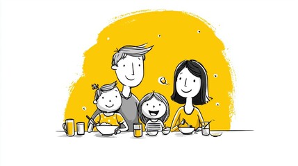 National Celiac Disease Awareness Day. Cartoon-style illustration of a happy family eating a gluten-free meal, bright and cheerful colors, simple and friendly style