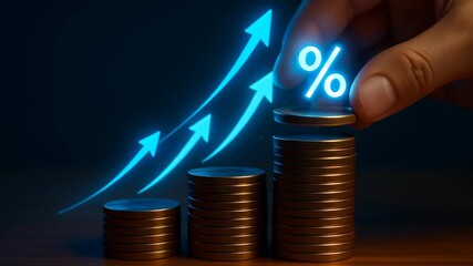Long term investment concept with stacked coin growth and glowing percentage symbol showing money finance and investment success - Powered by Adobe
