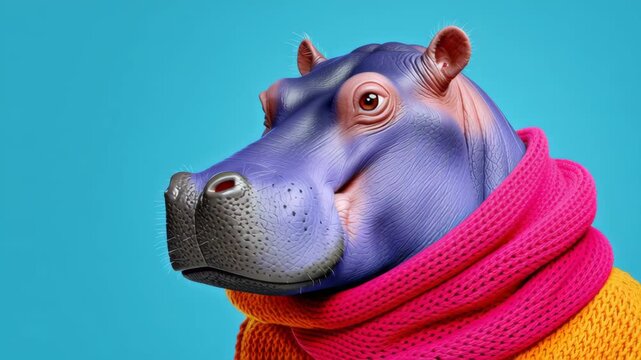 Colorful hippo character wearing vibrant knitted scarf, showcasing playful expressions and unique angles, creating a whimsical atmosphere in a bright blue background, emphasizing charm and creativity