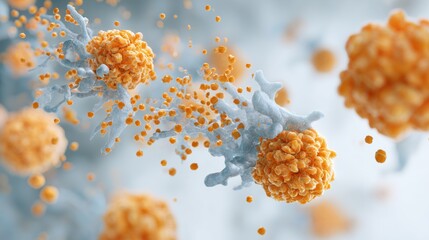 National Celiac Disease Awareness Day. Scientific illustration of gluten protein molecules interacting with human immune cells, abstract molecular visualization, clean background