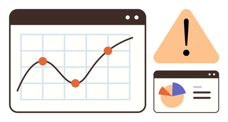 Line graph and pie chart windows alongside a warning alert. Ideal for analytics, performance tracking, business growth, risk management, forecasting, optimization, and problem-solving. Simple flat