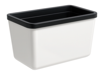 Modern white rectangular flower pot with black rim.