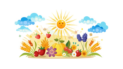 Illustration of summer harvest with sun, clouds, fruits, flowers, and wheat field landscape art