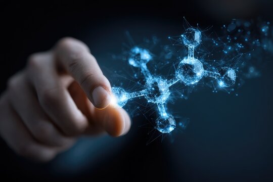 A hand interacts with a glowing, digital molecular structure - Powered by Adobe