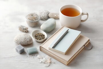 A collection of mental health tools like journals, meditation stones, and calming teas, laid out on a table