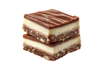 Two squares of layered dessert, dark rich chocolate covering a creamy white filling, with a visible crumbly nutty base