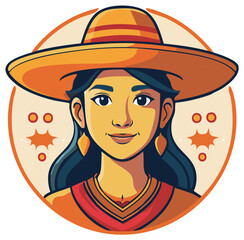 Smiling Woman Wearing Traditional Hat and Necklace in a Circular Design
