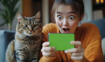 cat and its owner, a young woman, looking at a green screen on a mobile phone in their apartment. The woman appears surprised as they interact with the screen, capturing a moment, Generative AI