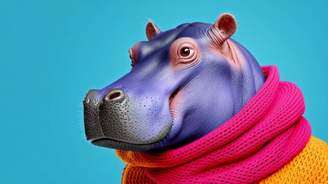 Colorful animated hippo character wearing vibrant pink and orange scarf, showcasing a playful expression against a bright blue background, capturing the whimsical essence of this unique design