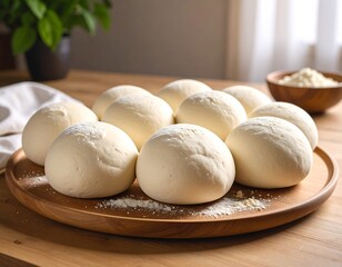 Round dough balls on a wooden tray