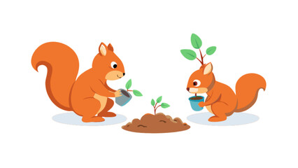 Cute cartoon squirrel planting tree vector illustration for kids nature and environment concept design