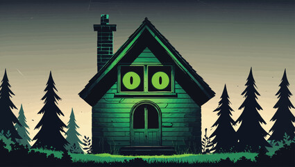 Surreal Forest Cabin: Glowing Eye Window in a Mysterious Woods