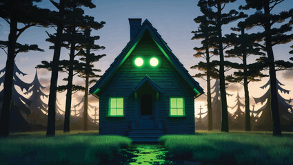 Surreal Forest Cabin: Glowing Eye Window in a Mysterious Woods