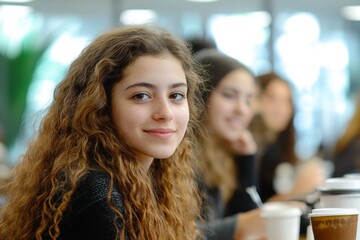 Group of Israeli girls enjoying coffee in an office setting. The image conveys the energy of a multicultural workplace, highlighting teamwork and social interaction in a corporate, Generative AI