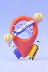 A bright and colorful 3D rendering depicting a giant map pin with an airplane inside, along with luggage and balloons, symbolizing travel destinations, adventure, the spirit of exploration. Vertical