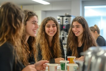 Group of Israeli girls enjoying coffee in an office setting. The image conveys the energy of a multicultural workplace, highlighting teamwork and social interaction in a corporate, Generative AI