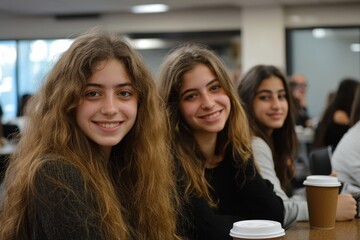 Group of Israeli girls enjoying coffee in an office setting. The image conveys the energy of a multicultural workplace, highlighting teamwork and social interaction in a corporate, Generative AI