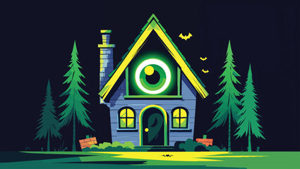 Surreal Forest Cabin: Glowing Eye Window in a Mysterious Woods