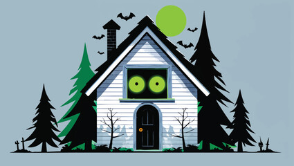 Surreal Forest Cabin: Glowing Eye Window in a Mysterious Woods