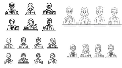 Fototapeta premium Line icons of medical professionals such as doctors, nurses, surgeons, and healthcare staff wearing uniforms and masks. Perfect for hospital, clinic, and telemedicine illustration.