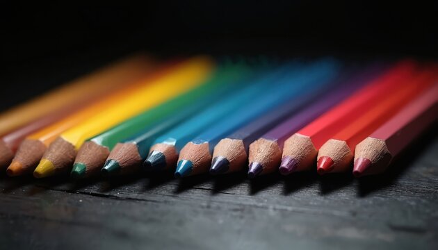Row of colorful pencils on dark wooden surface. Vibrant shades of yellow, orange, green, blue, purple, red. Sharpened graphite tips. Art supply for drawing, crafting, education, office use. Creative