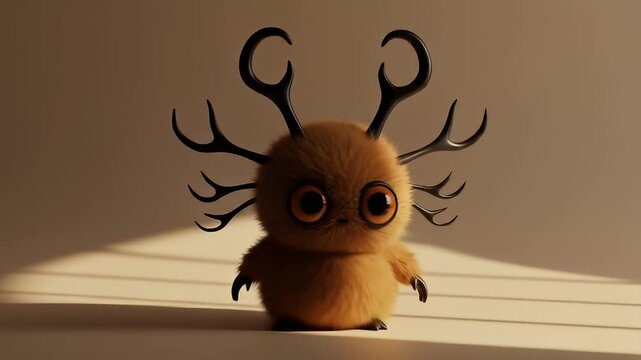 Fluffy cartoon critter with antlers and big eyes stands on floor with a tan background