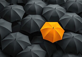 A single bright orange umbrella amidst a sea of dark gray and black umbrellas