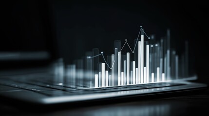 Glowing 3D Financial Data Hologram Projecting from a Laptop in a Dark Setting.