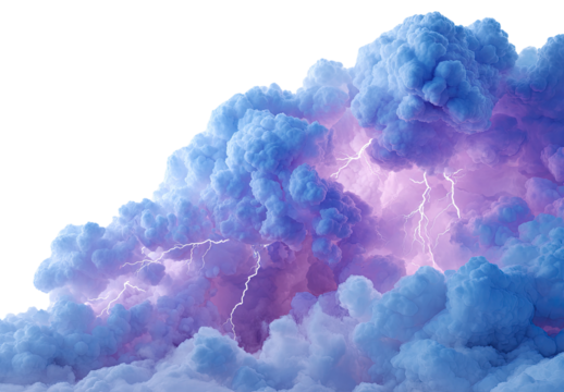 Vast, vibrant clouds, tinged with purple and electric pink lightning