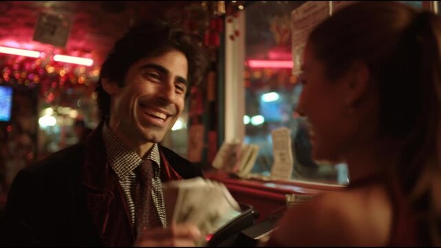 cinematic scene from a christmas comedy movie, a cringy but charming narcissistic jewish man with a sly smirking facial expression He is wearing a black corduroy jacket with a red undertone, a