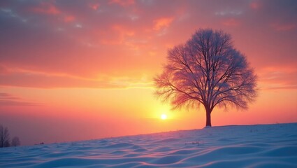 Fototapeta premium Sunrise over a snow-covered landscape with a lone frosted tree.