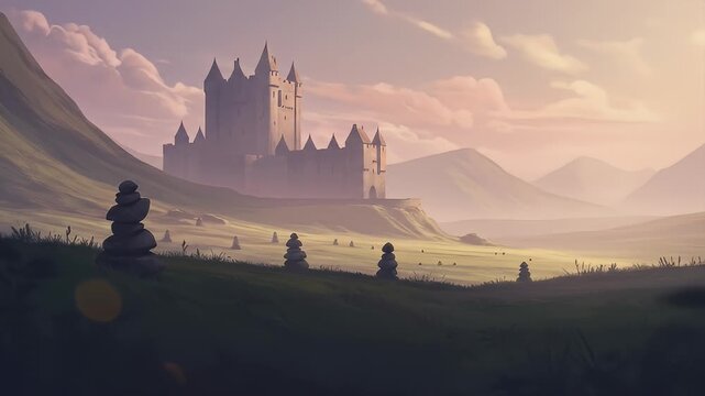 Castle towers over green fields, cairns, and distant mountains at sunset in painterly style
