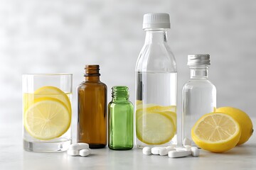 A collection of vitamin bottles and a water bottle with fresh lemon slices, placed on a white countertop