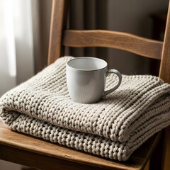 Cozy Knitted Blanket and White Mug on a Wooden Chair, Perfect for a Relaxing Moment