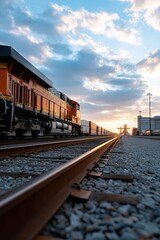 Fototapeta premium Freight train on railroad tracks at sunset with dramatic sky