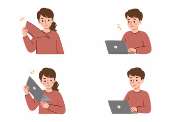 Illustrations of people using laptops for work or leisure, including opening, closing, and typing on devices.